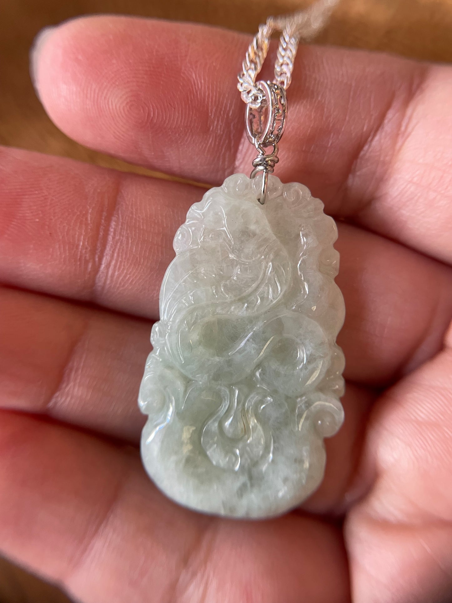 Grade A Burma jadeite Zodiac (Snake) pendant with silver necklace