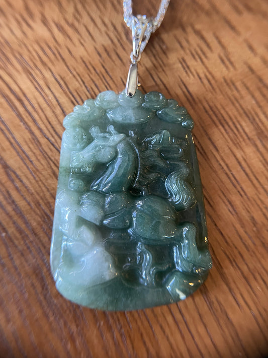 Grade A Burma jadeite Zodiac (Horse) pendant with silver necklace