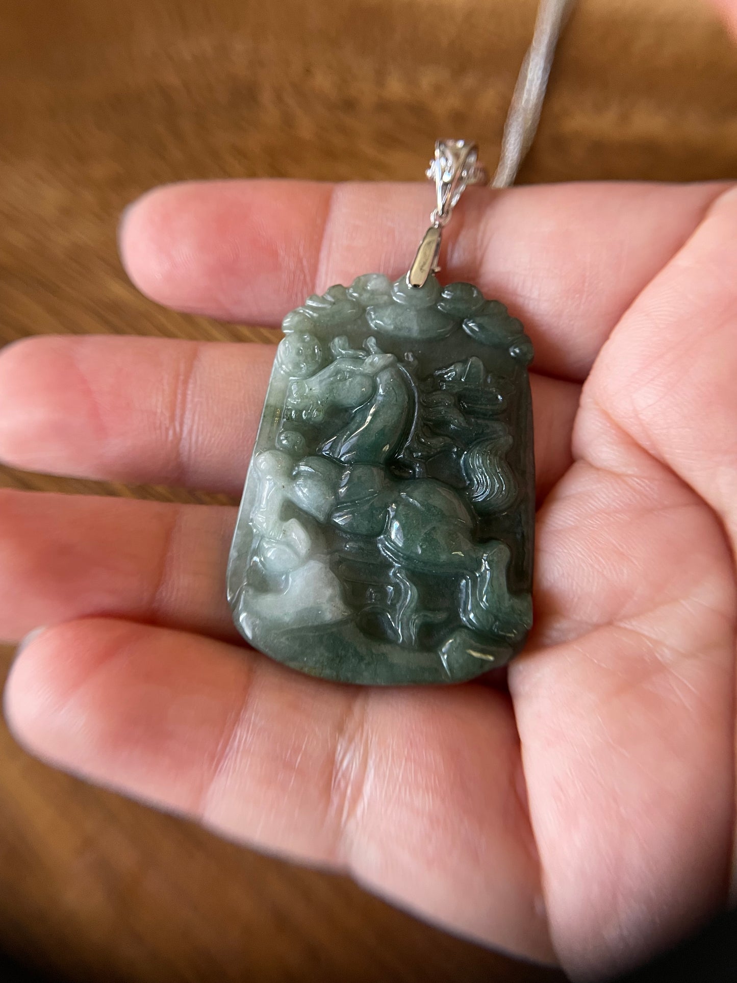 Grade A Burma jadeite Zodiac (Horse) pendant with silver necklace