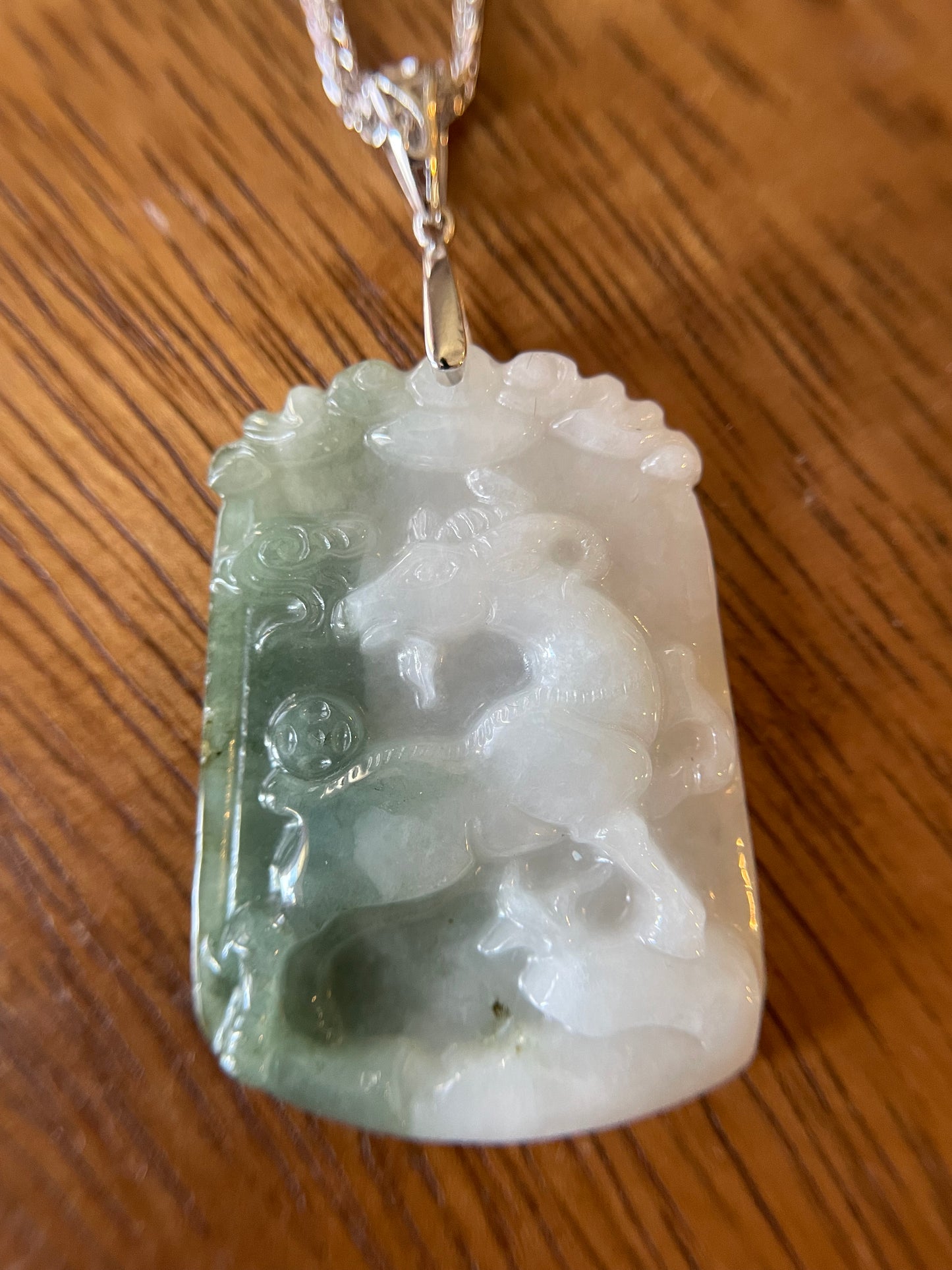 Grade A Burma jadeite Zodiac (Goat) pendant with silver necklace
