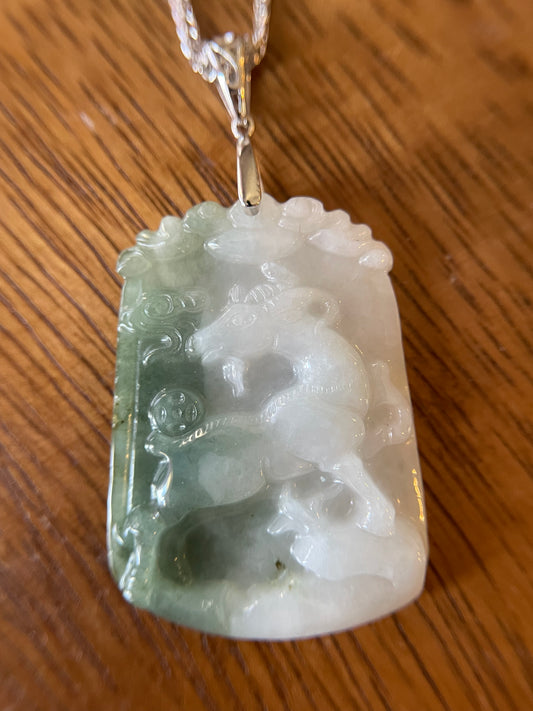 Grade A Burma jadeite Zodiac (Goat) pendant with silver necklace