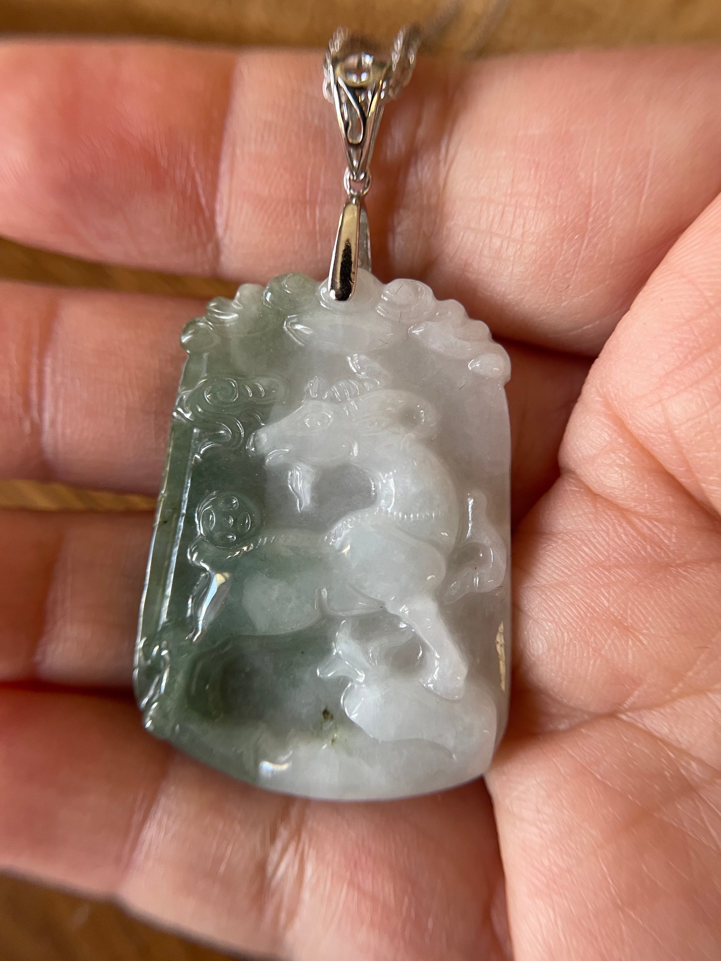 Grade A Burma jadeite Zodiac (Goat) pendant with silver necklace