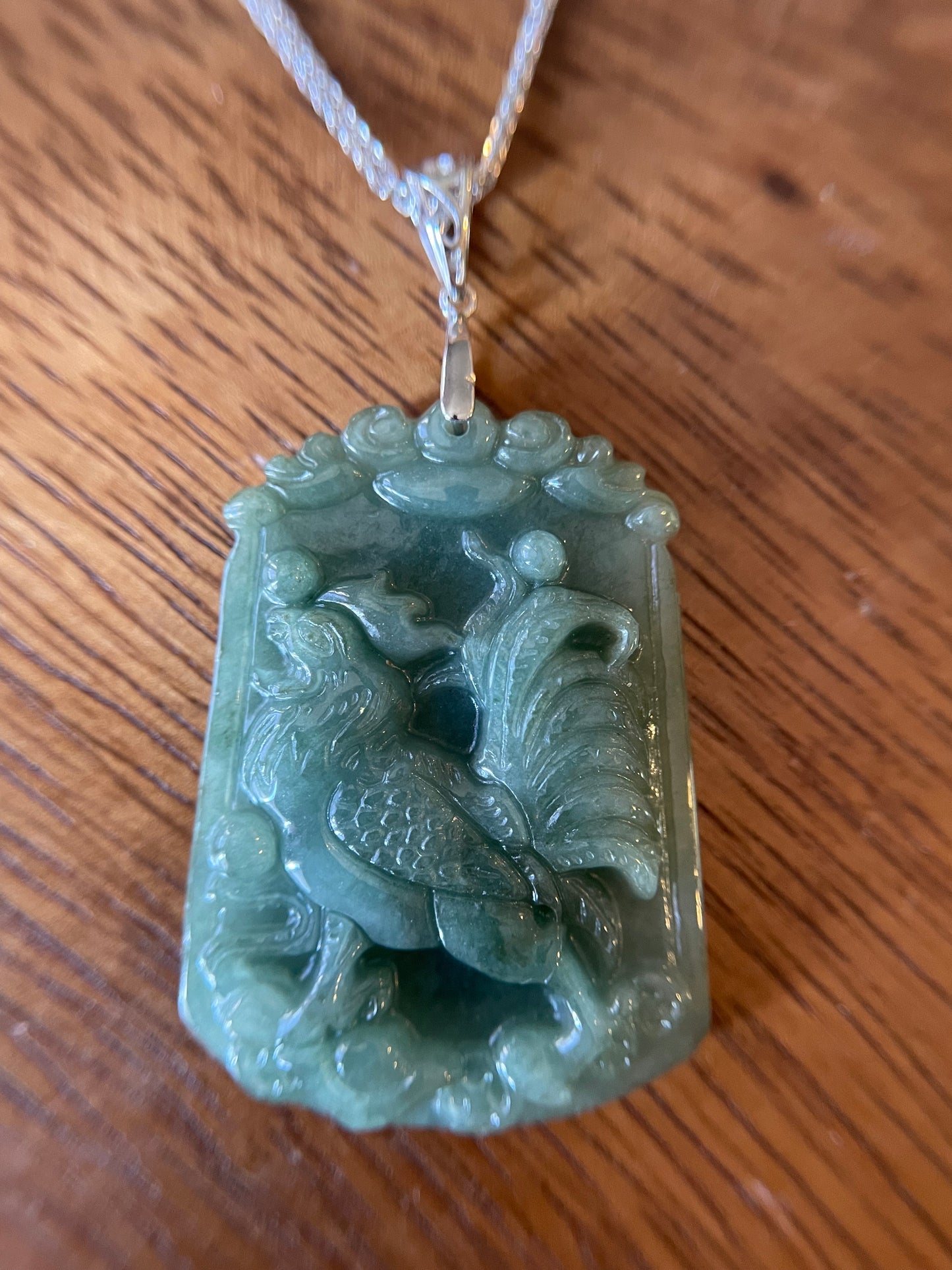 Grade A Burma jadeite Zodiac (Rooster) pendant with silver necklace