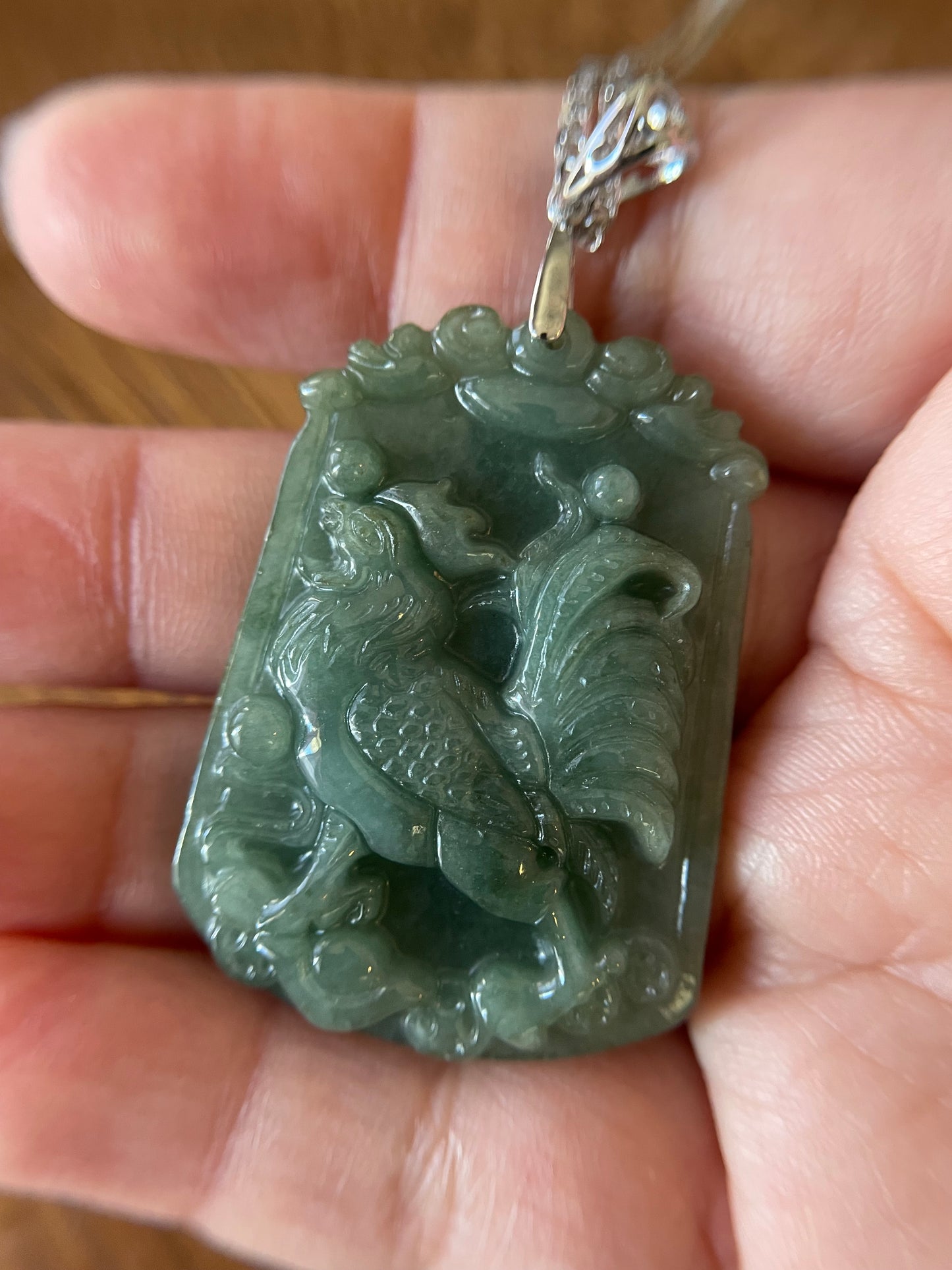 Grade A Burma jadeite Zodiac (Rooster) pendant with silver necklace