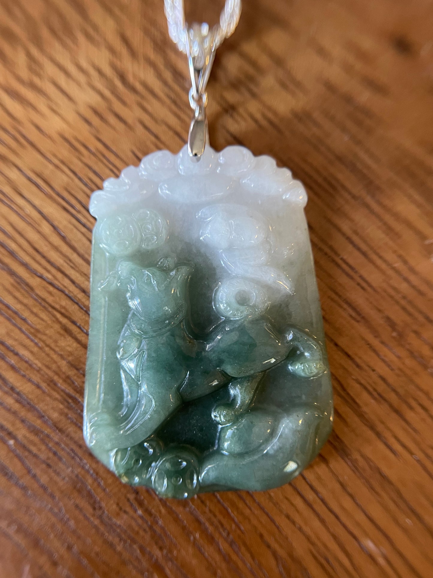 Grade A Burma jadeite Zodiac (Dog) pendant with silver necklace