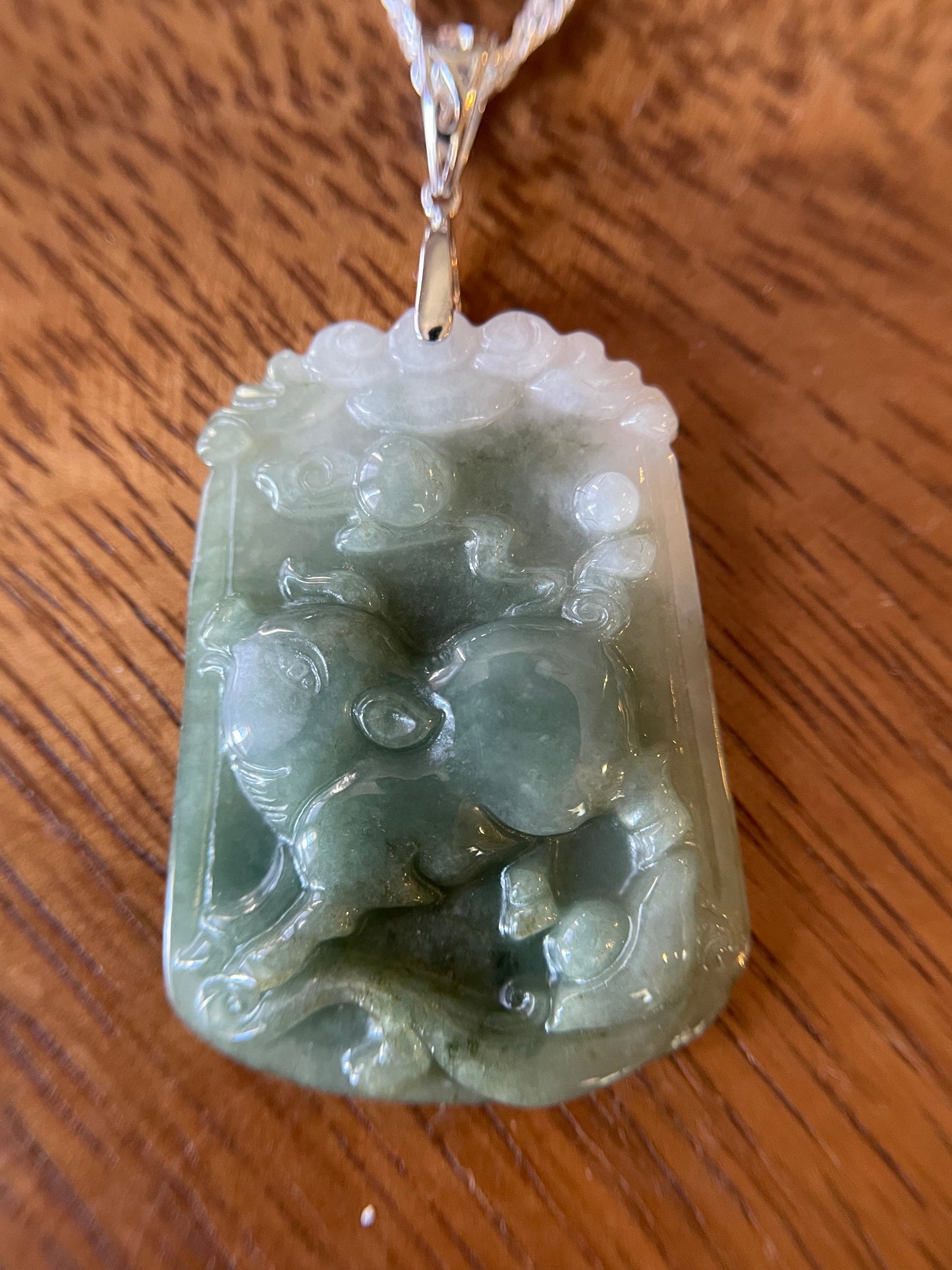 Grade A Burma jadeite Zodiac (Pig) pendant with silver necklace
