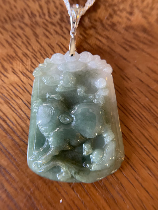 Grade A Burma jadeite Zodiac (Pig) pendant with silver necklace