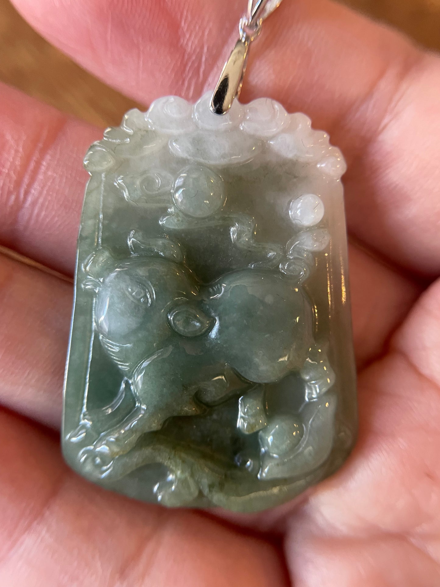 Grade A Burma jadeite Zodiac (Pig) pendant with silver necklace