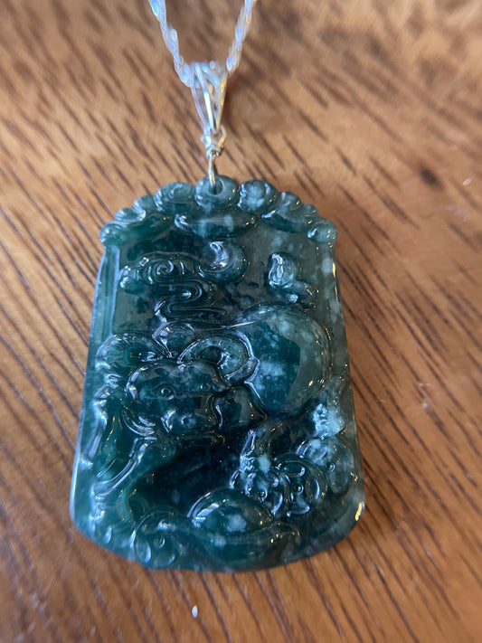 Grade A  jadeite Zodiac (OX) pendant with silver necklace