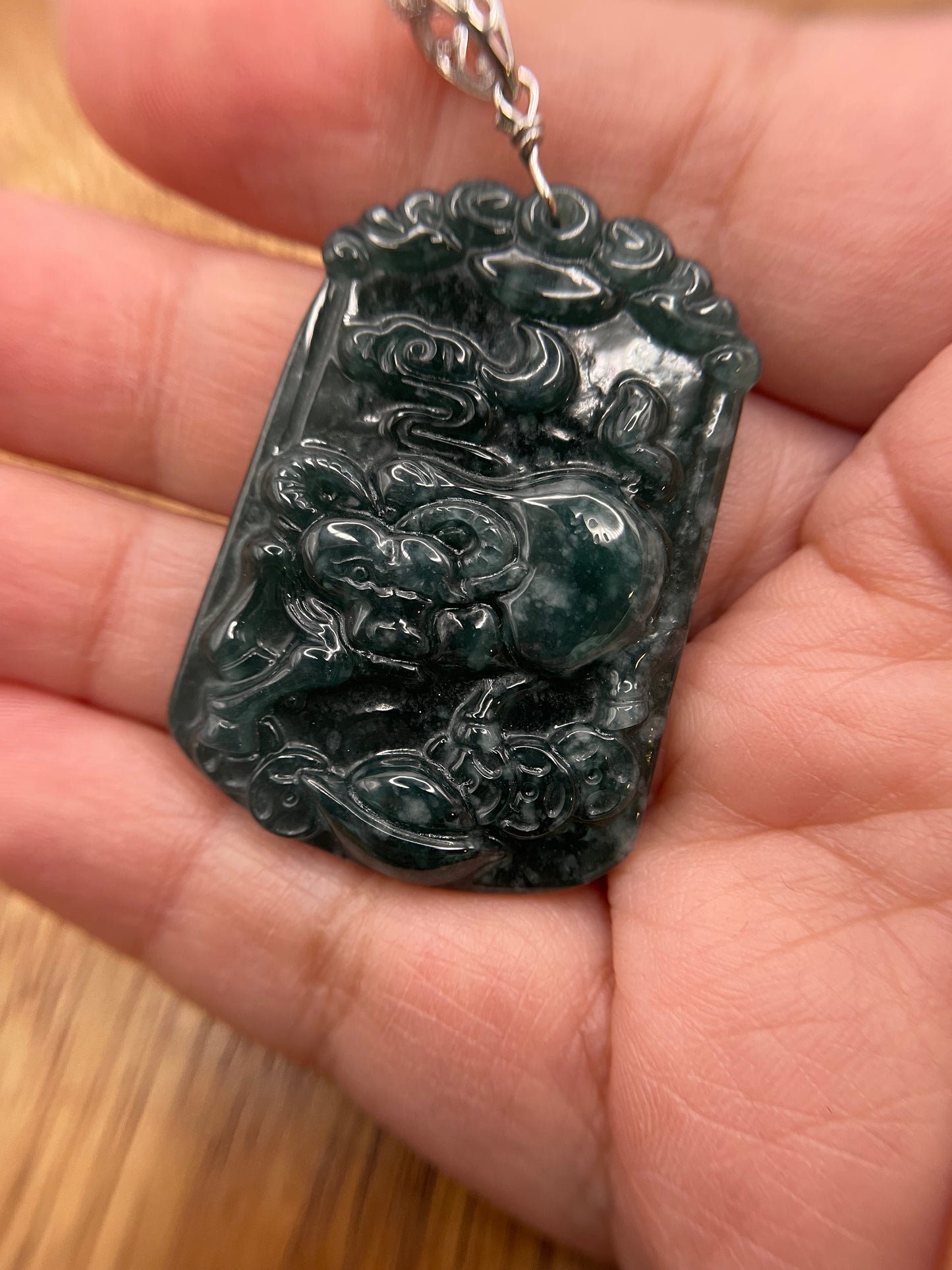 Grade A  jadeite Zodiac (OX) pendant with silver necklace