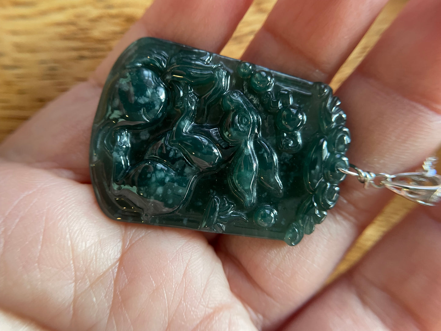 Grade A  jadeite Zodiac (Rabbit) pendant with silver necklace