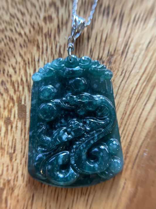 Grade A  jadeite Zodiac (Snake) pendant with silver necklace