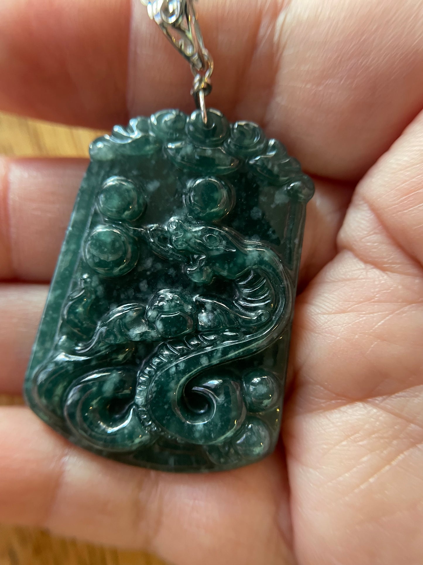 Grade A  jadeite Zodiac (Snake) pendant with silver necklace