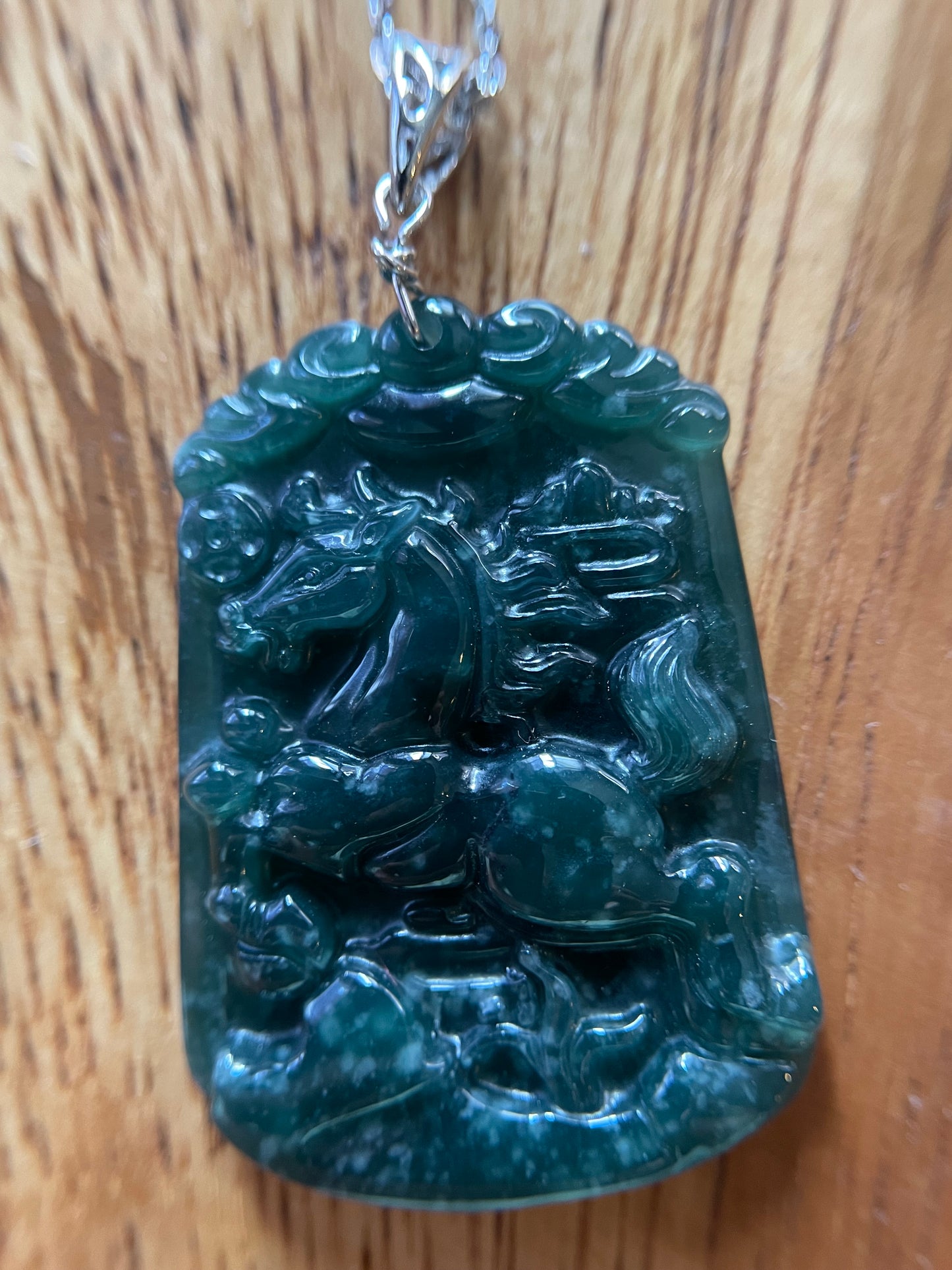 Grade A jadeite Zodiac (Horse) pendant with silver necklace