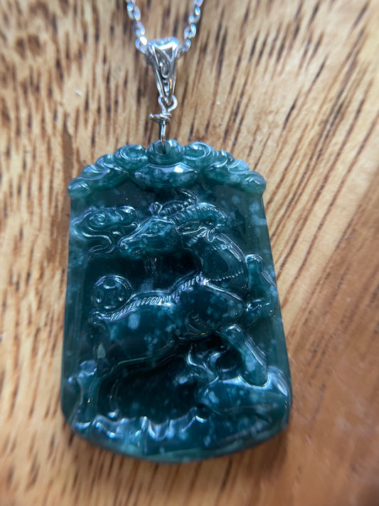 Grade A jadeite Zodiac (Goat) pendant with silver necklace