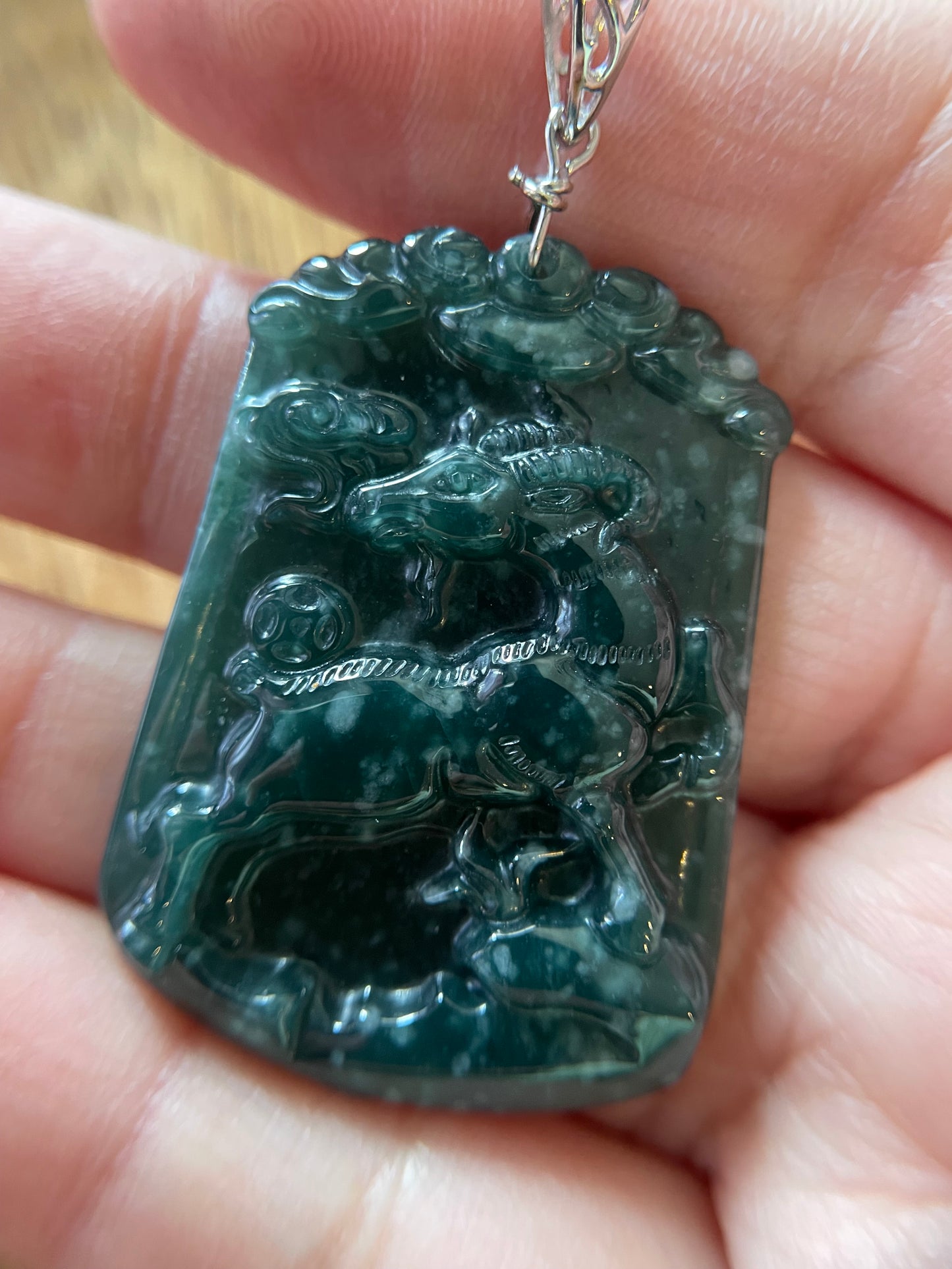 Grade A jadeite Zodiac (Goat) pendant with silver necklace