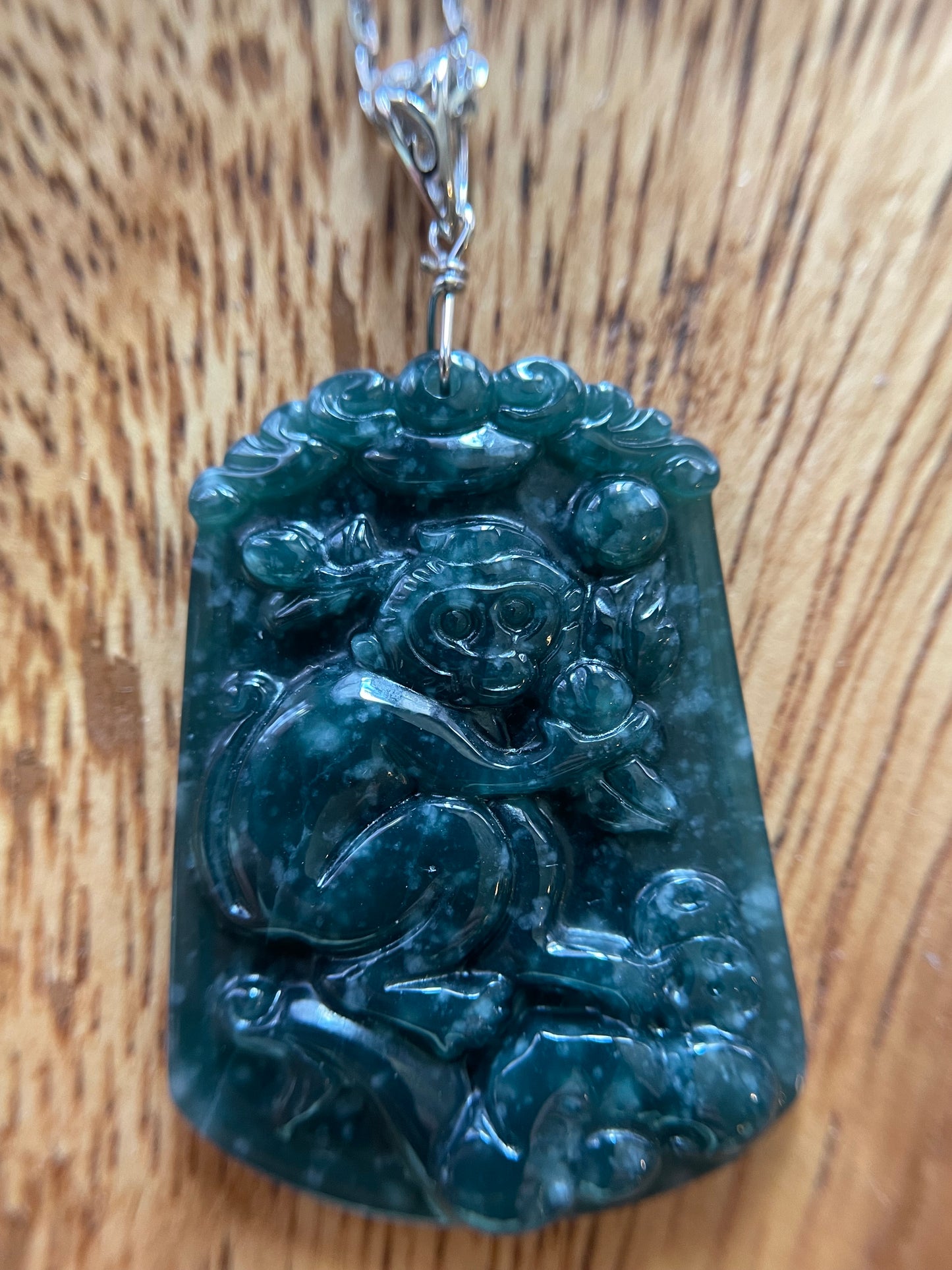 Grade A jadeite Zodiac (Monkey) pendant with silver necklace