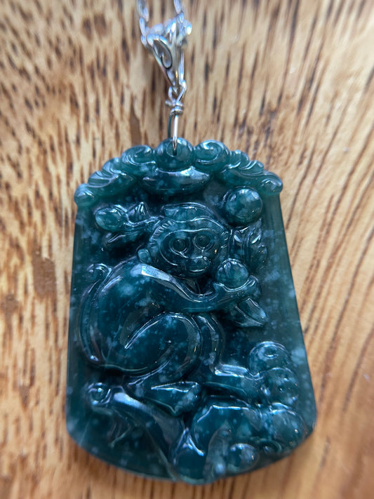 Grade A jadeite Zodiac (Monkey) pendant with silver necklace