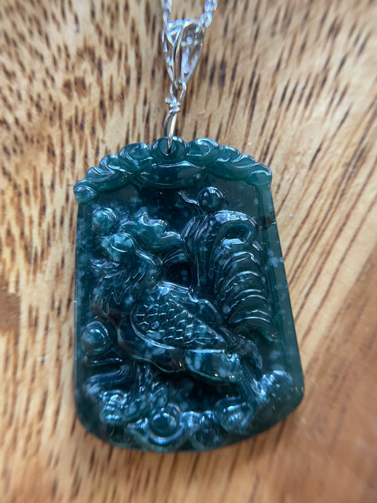Grade A  jadeite Zodiac (Rooster) pendant with silver necklace