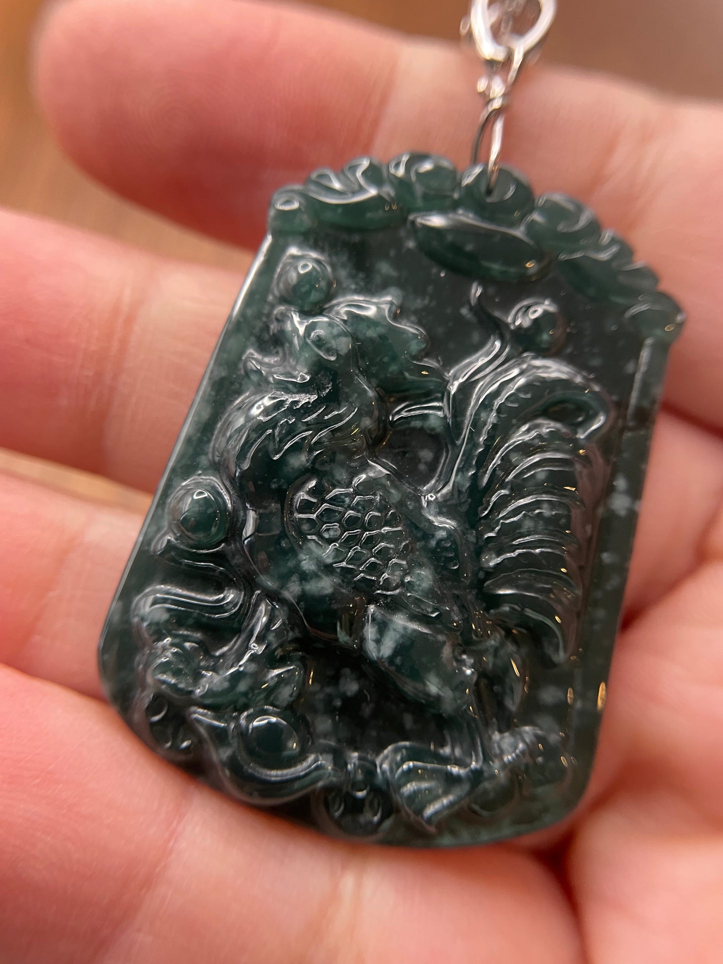 Grade A  jadeite Zodiac (Rooster) pendant with silver necklace