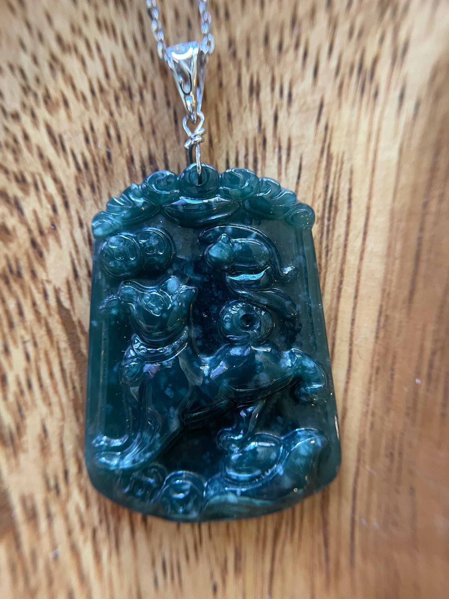 Grade A  jadeite Zodiac (Dog) pendant with silver necklace