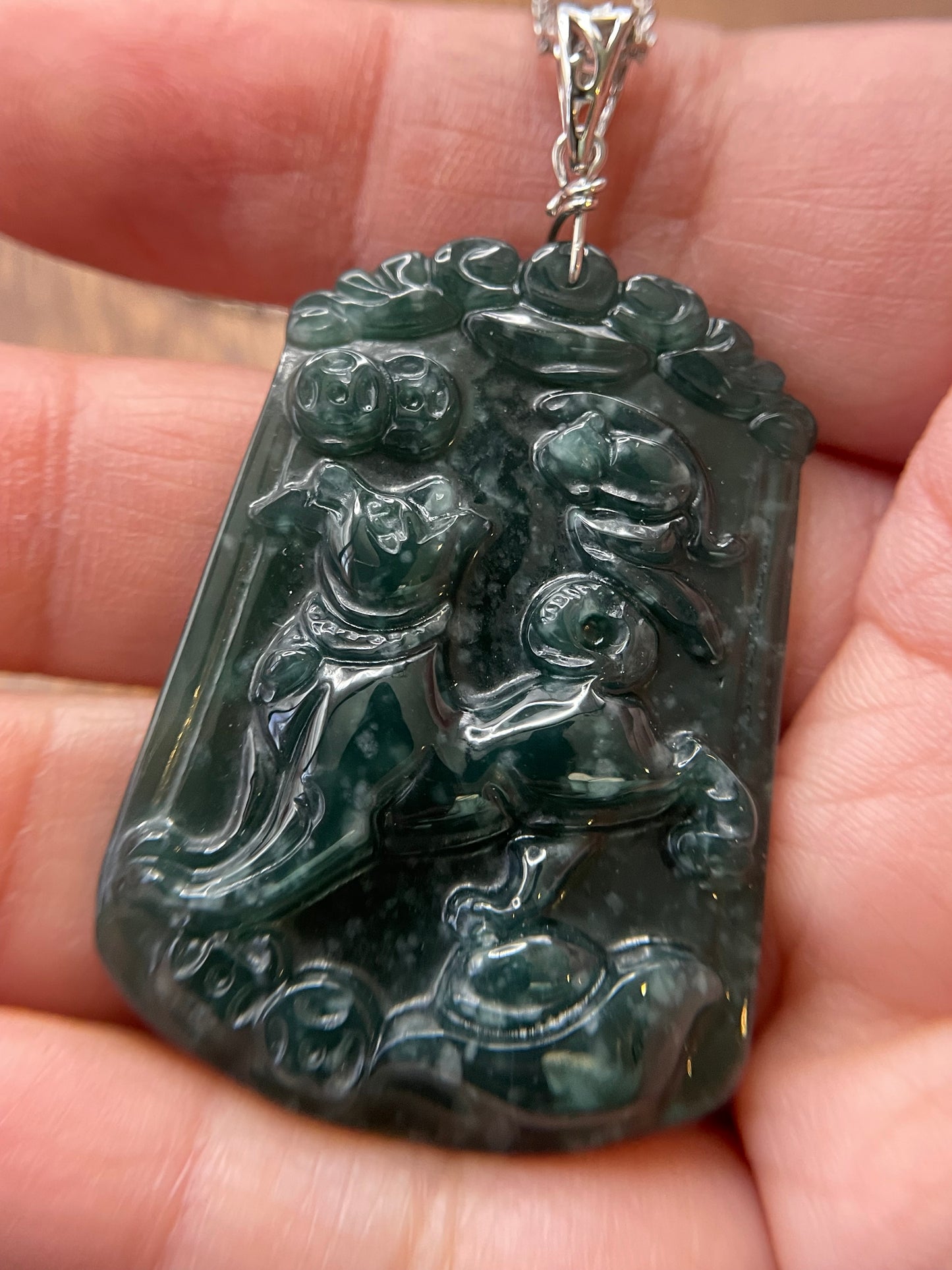 Grade A  jadeite Zodiac (Dog) pendant with silver necklace