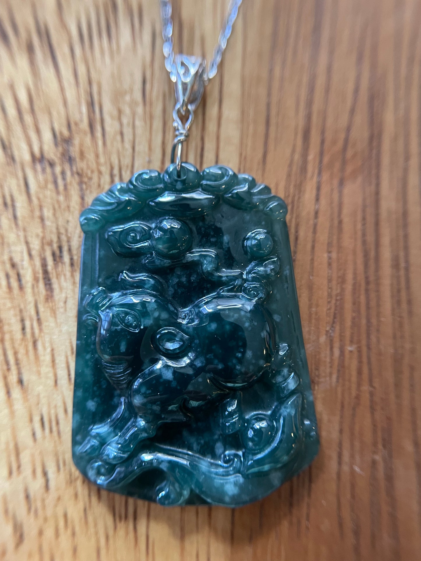 Grade A  jadeite Zodiac (Pig) pendant with silver necklace