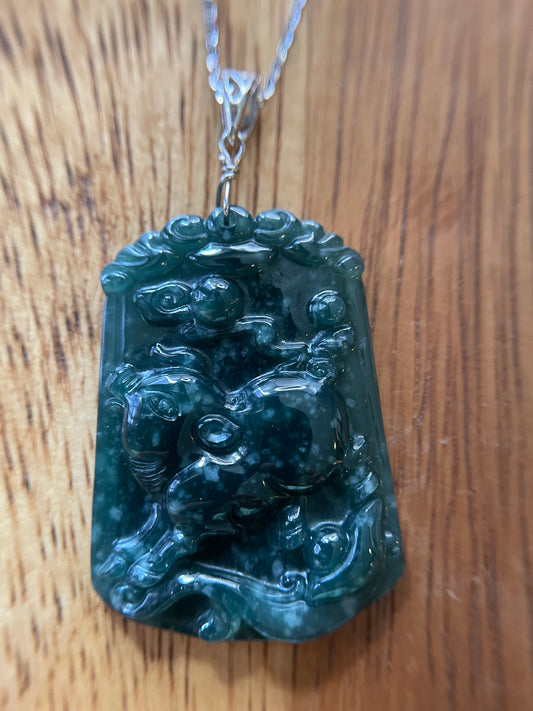Grade A  jadeite Zodiac (Pig) pendant with silver necklace