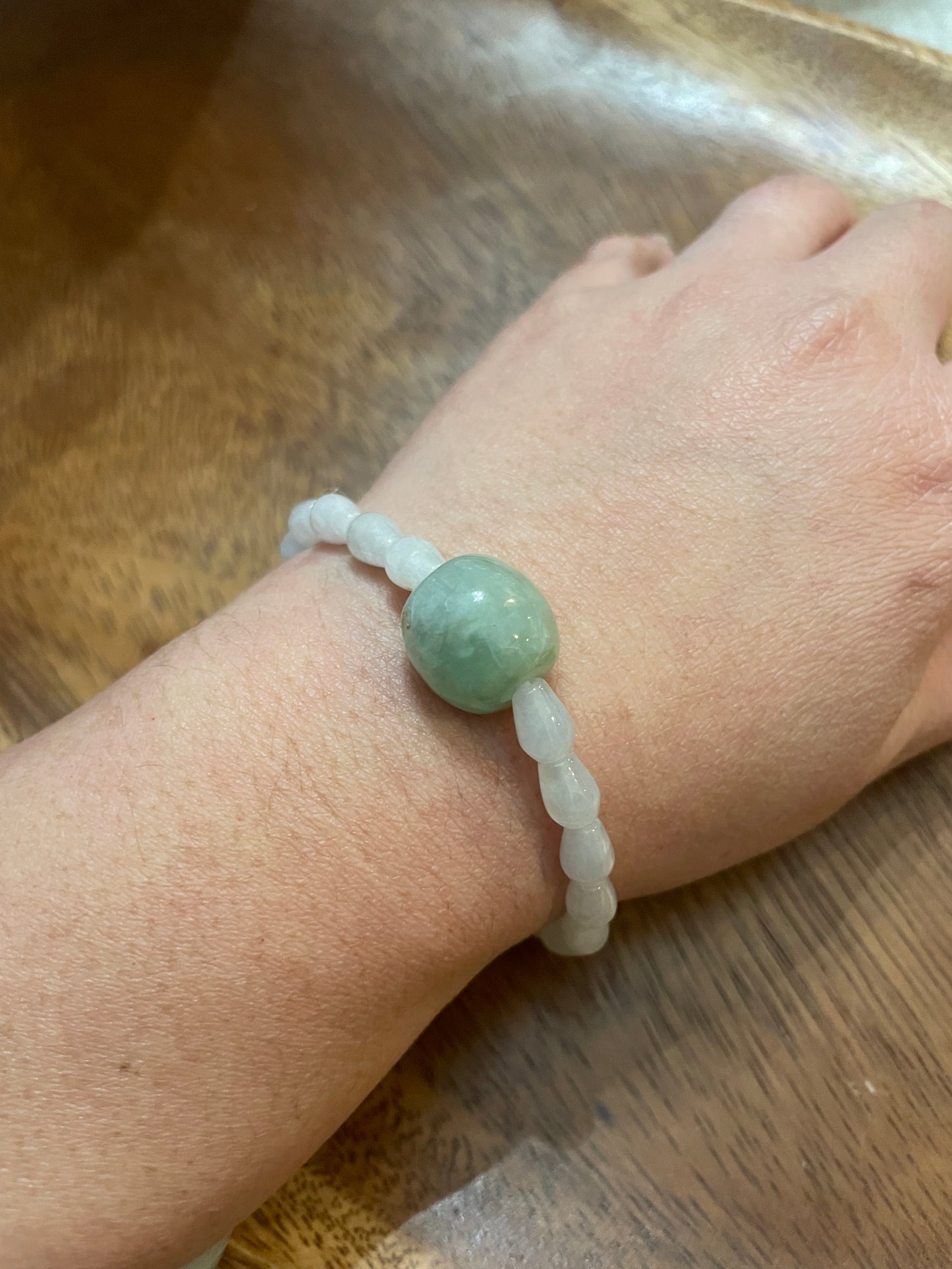 Grade A Natural  green luluton with icy white beads Burma Jadeite elastic Bracelet