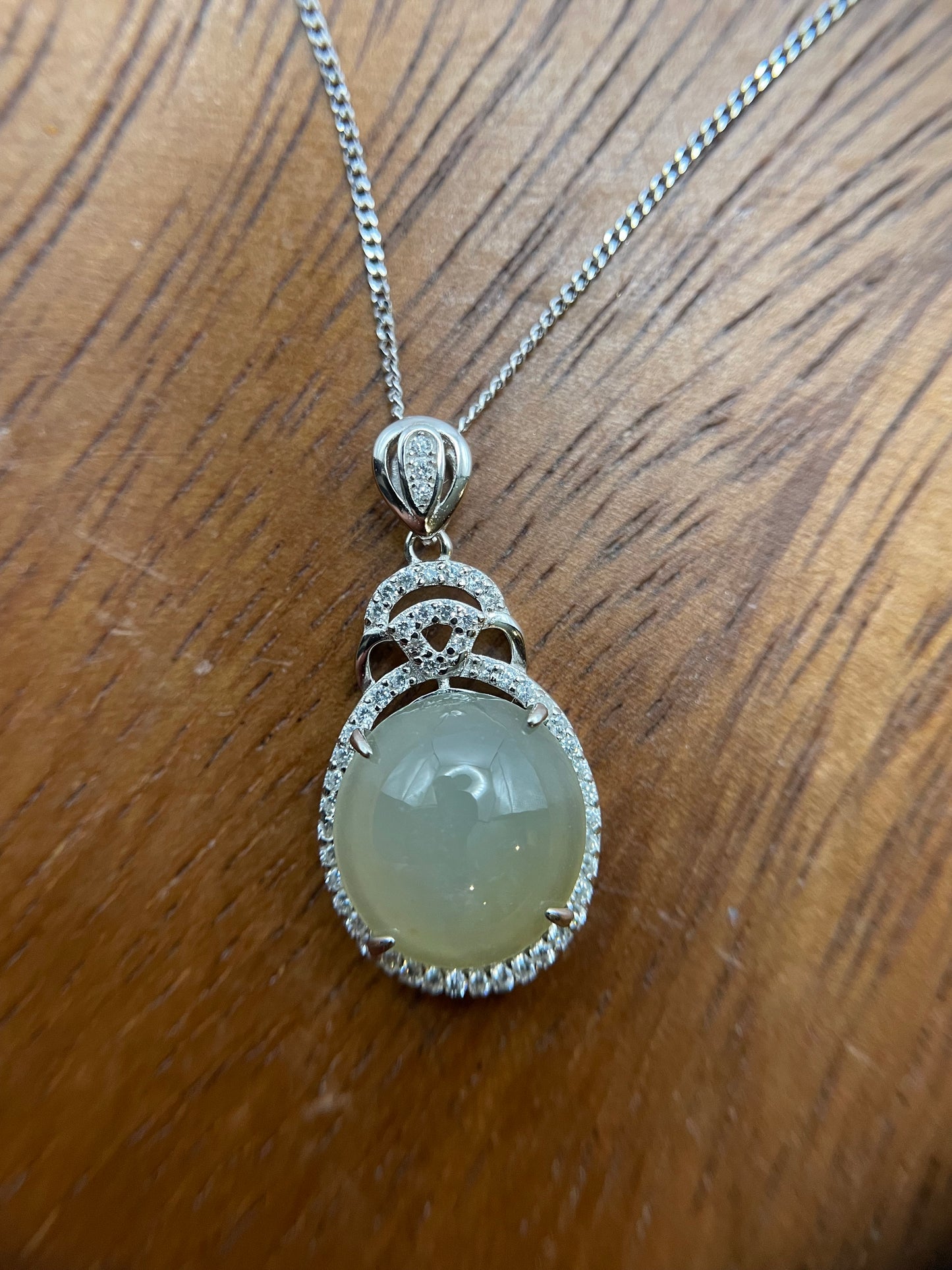 Grade A Natural  Yellow Burma Jadeite Cabochon pendant With Cubic Zircon Silver necklace