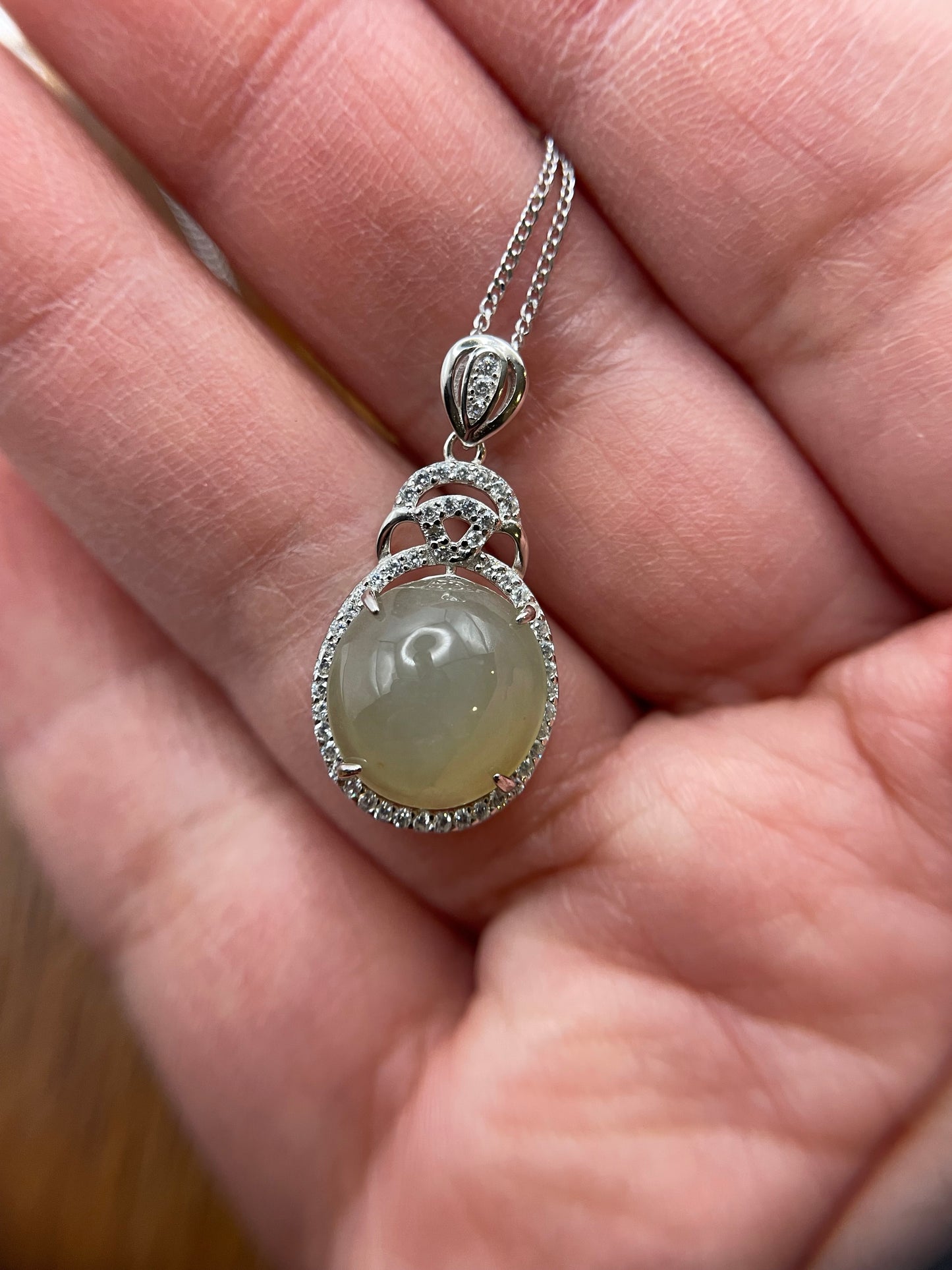 Grade A Natural  Yellow Burma Jadeite Cabochon pendant With Cubic Zircon Silver necklace
