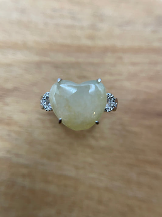 Natural grade A Burmese Yellow Heart Jadeite  with Cubic Zircon Silver Ring