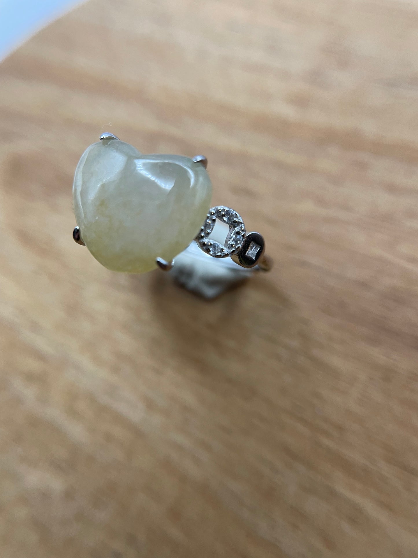 Natural grade A Burmese Yellow Heart Jadeite  with Cubic Zircon Silver Ring
