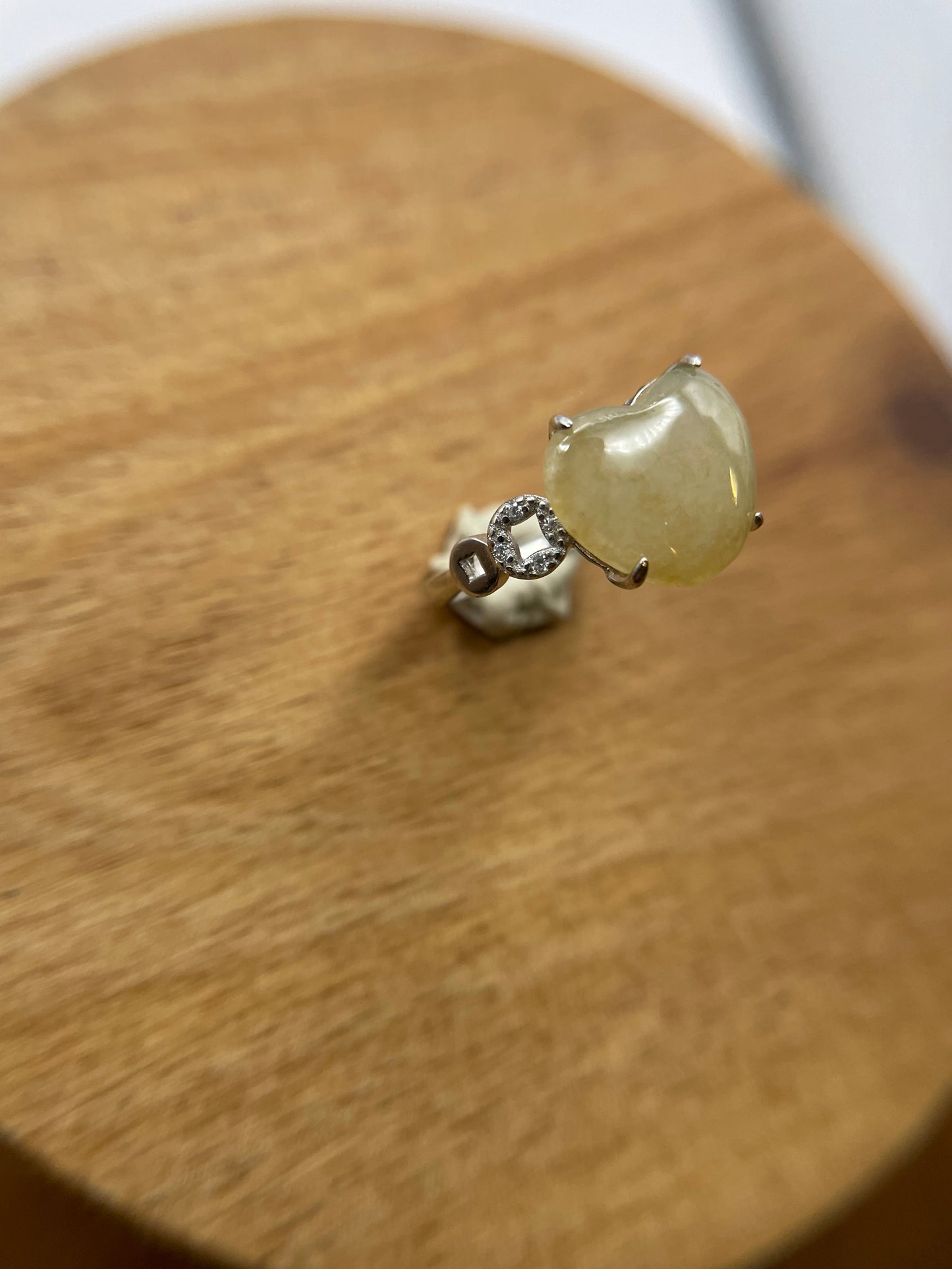 Natural grade A Burmese Yellow Heart Jadeite  with Cubic Zircon Silver Ring
