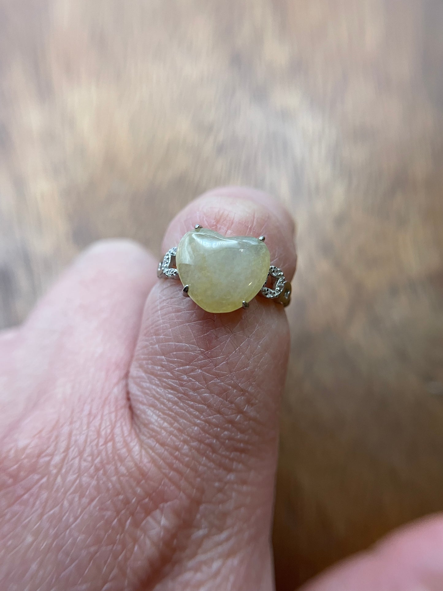 Natural grade A Burmese Yellow Heart Jadeite  with Cubic Zircon Silver Ring