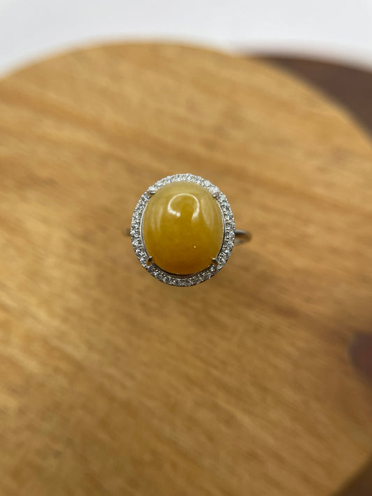 Natural grade A Burmese Icy Yellow Jadeite cabochon with Cubic Zircon Silver Ring
