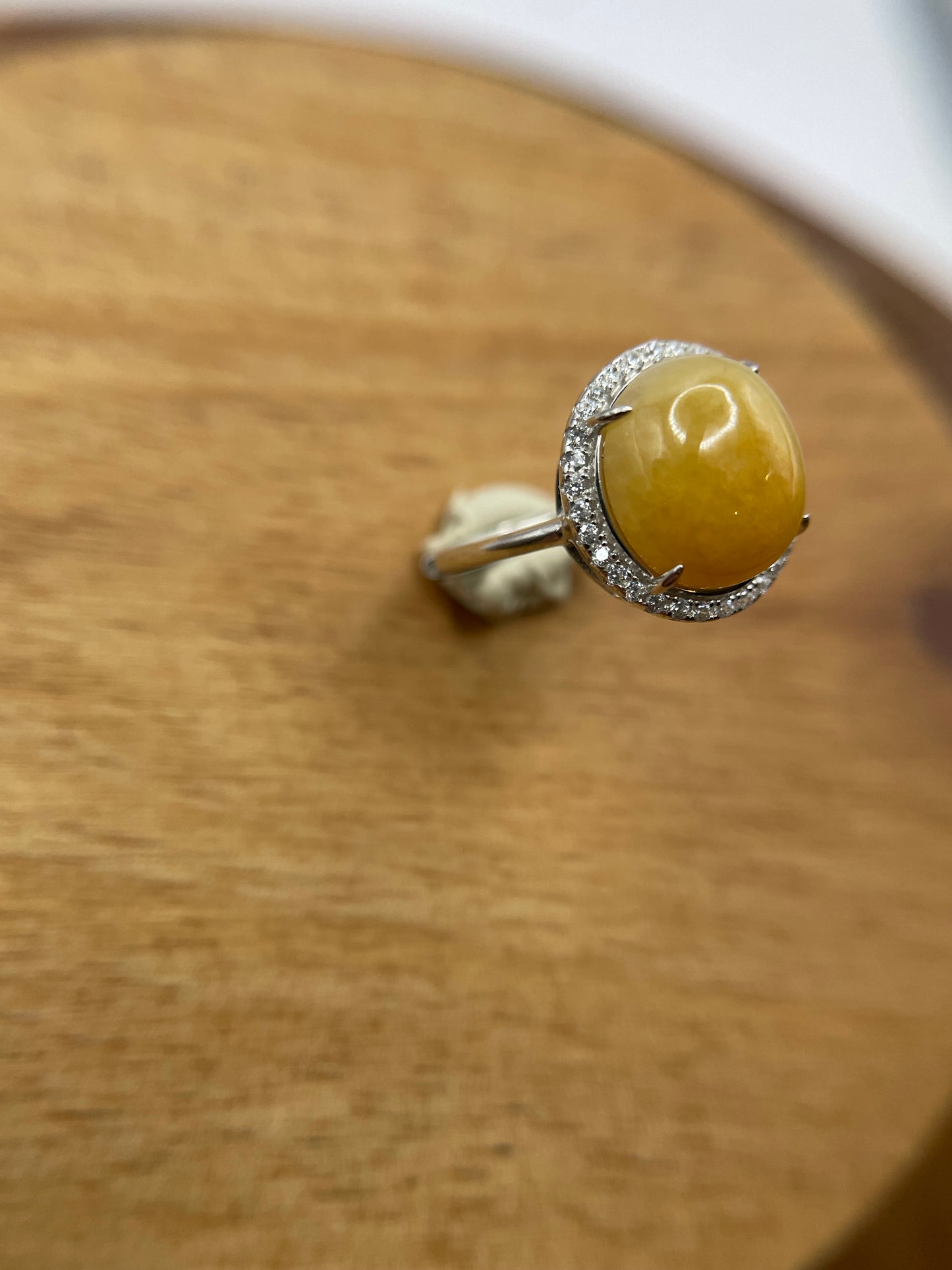 Natural grade A Burmese Icy Yellow Jadeite cabochon with Cubic Zircon Silver Ring