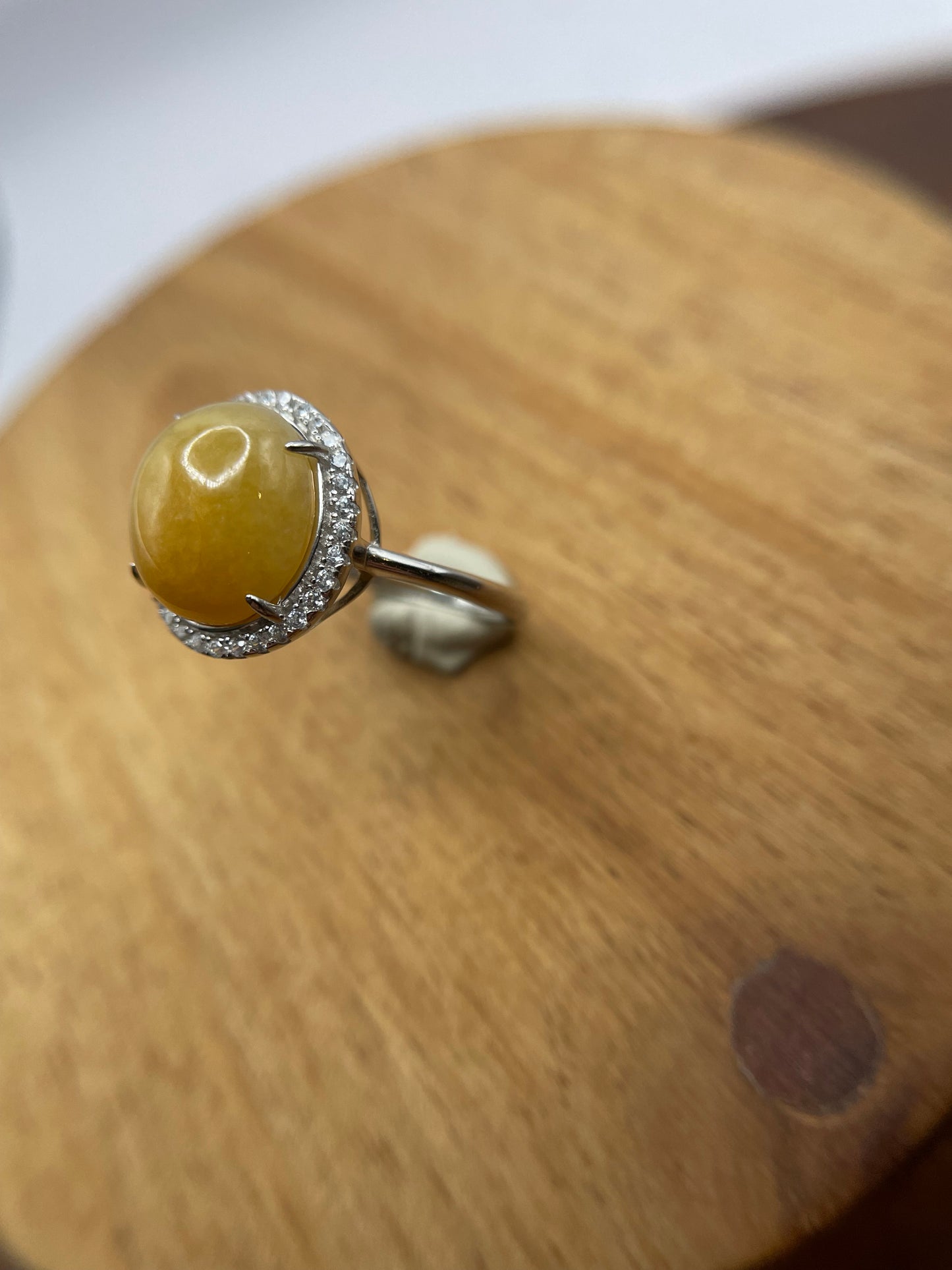 Natural grade A Burmese Icy Yellow Jadeite cabochon with Cubic Zircon Silver Ring