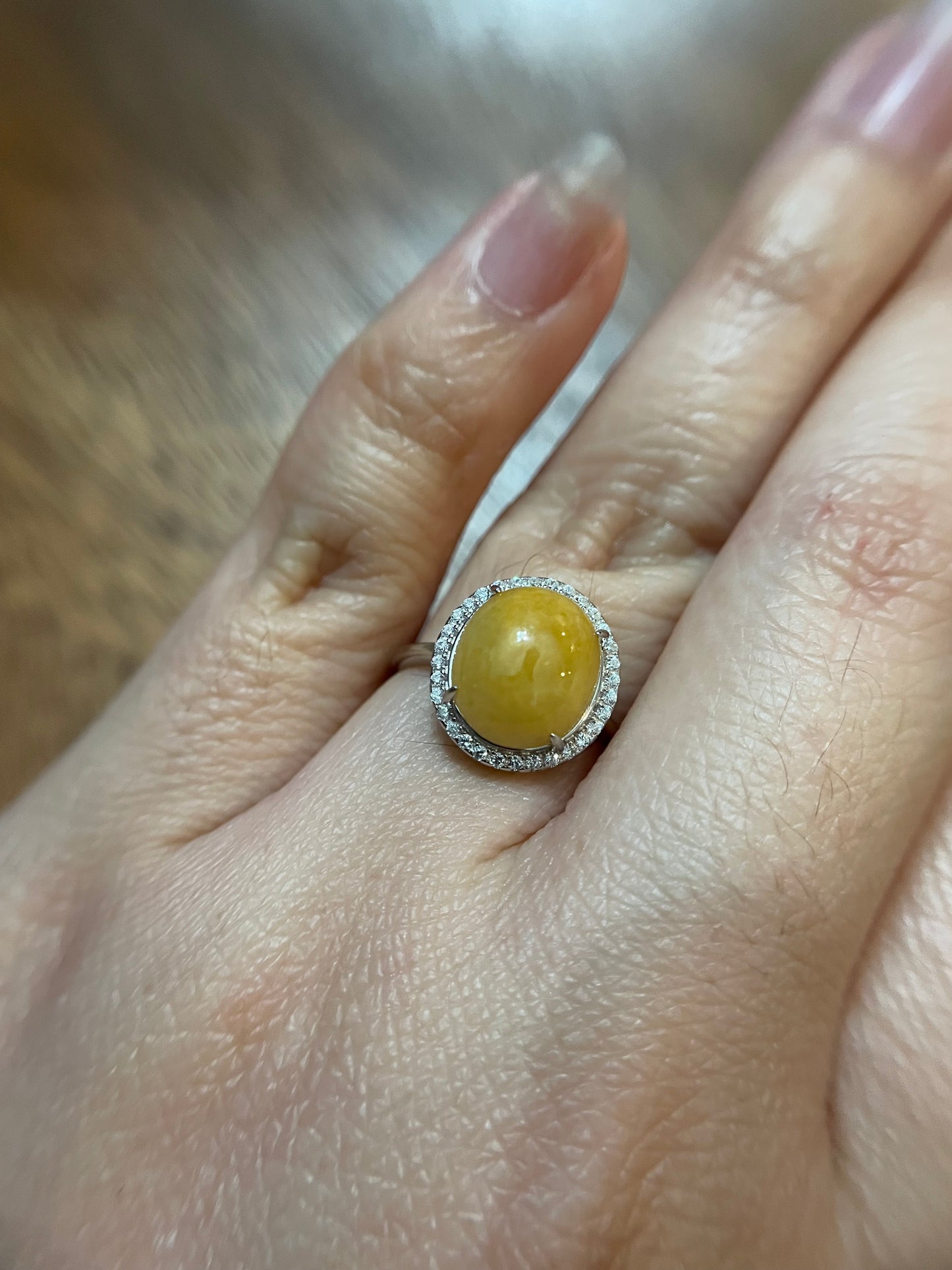 Natural grade A Burmese Icy Yellow Jadeite cabochon with Cubic Zircon Silver Ring