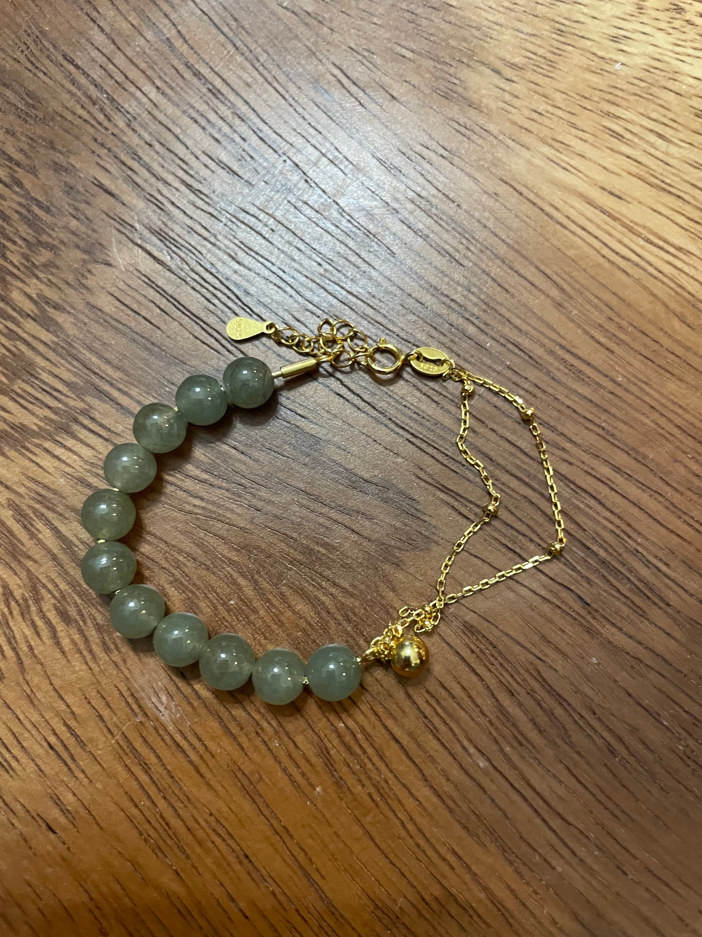 Natural green beads jadeite gold overlay silver bracelet