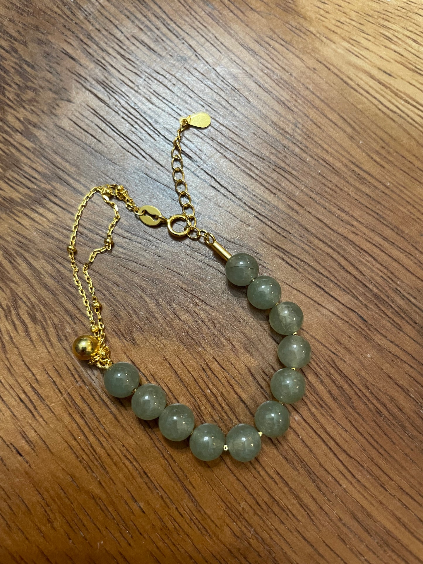 Natural green beads jadeite gold overlay silver bracelet