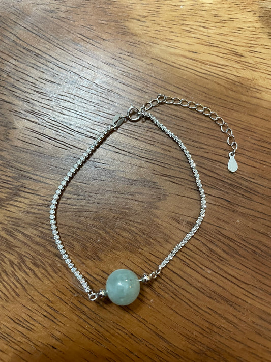 Grade A Natural Green bead Jadeite with cubic zircon silver bracelet