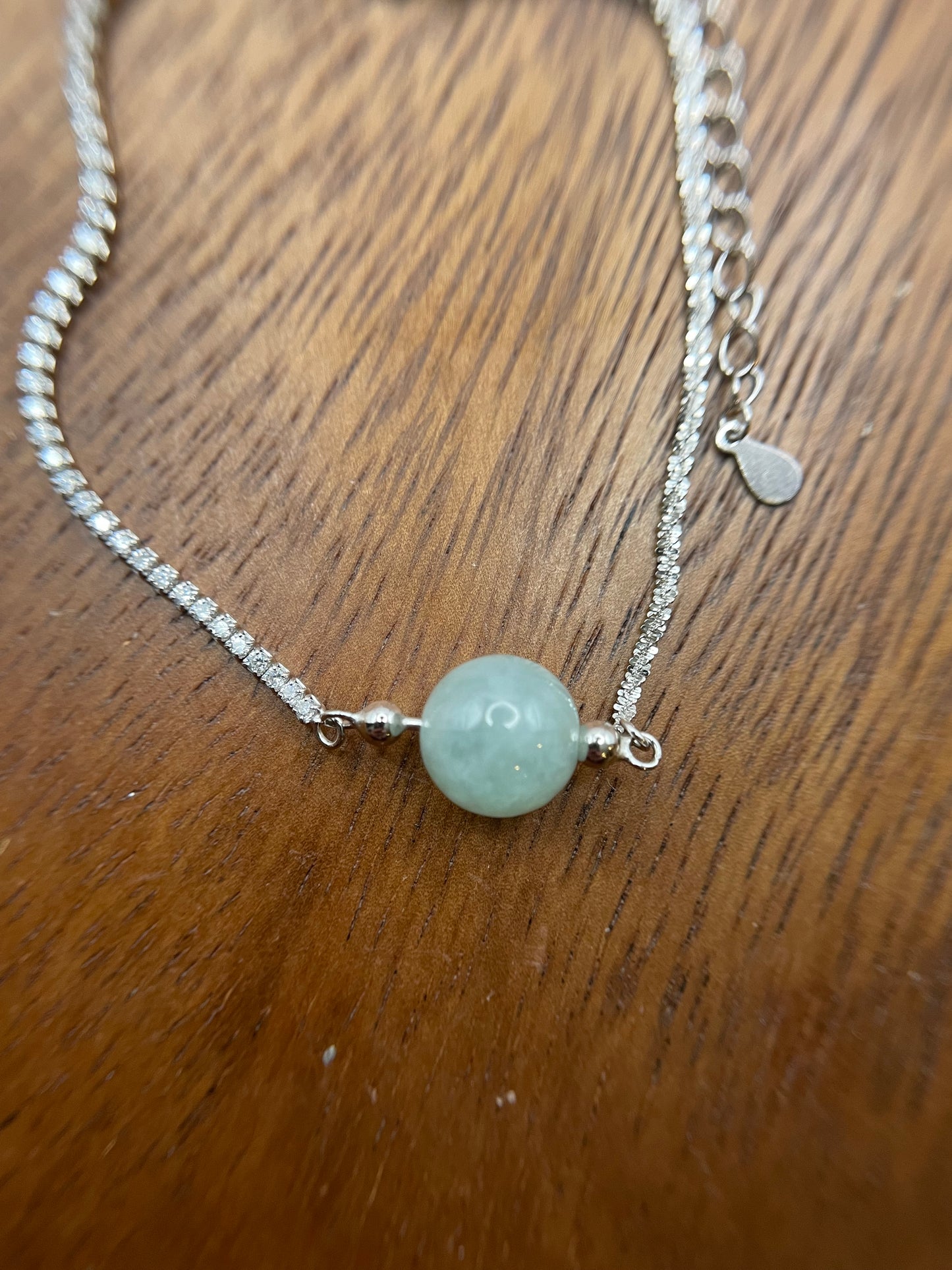Grade A Natural Green bead Jadeite with cubic zircon silver bracelet
