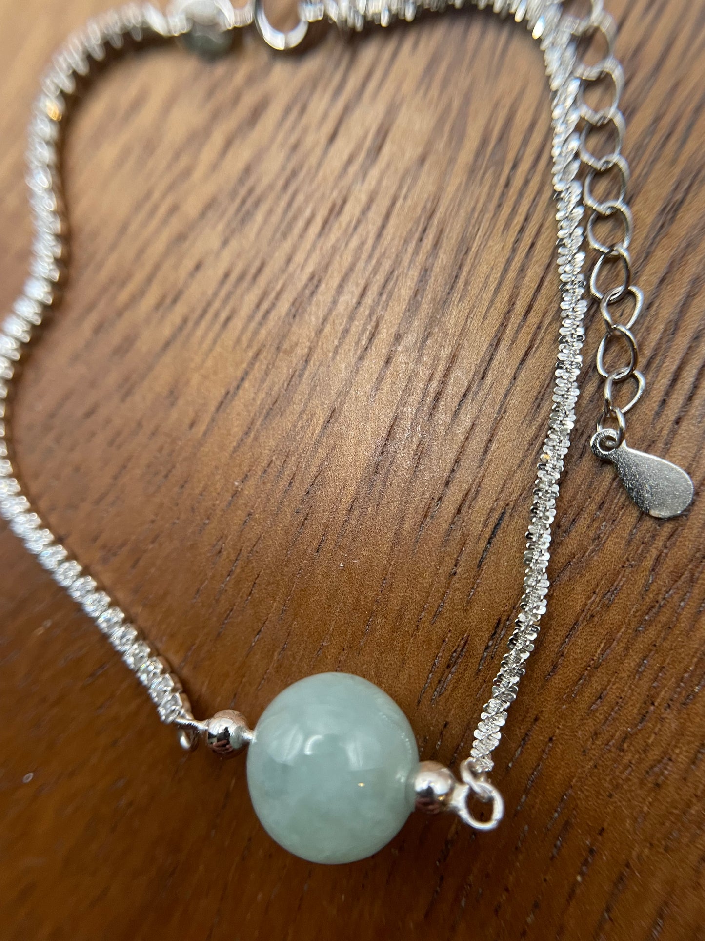 Grade A Natural Green bead Jadeite with cubic zircon silver bracelet