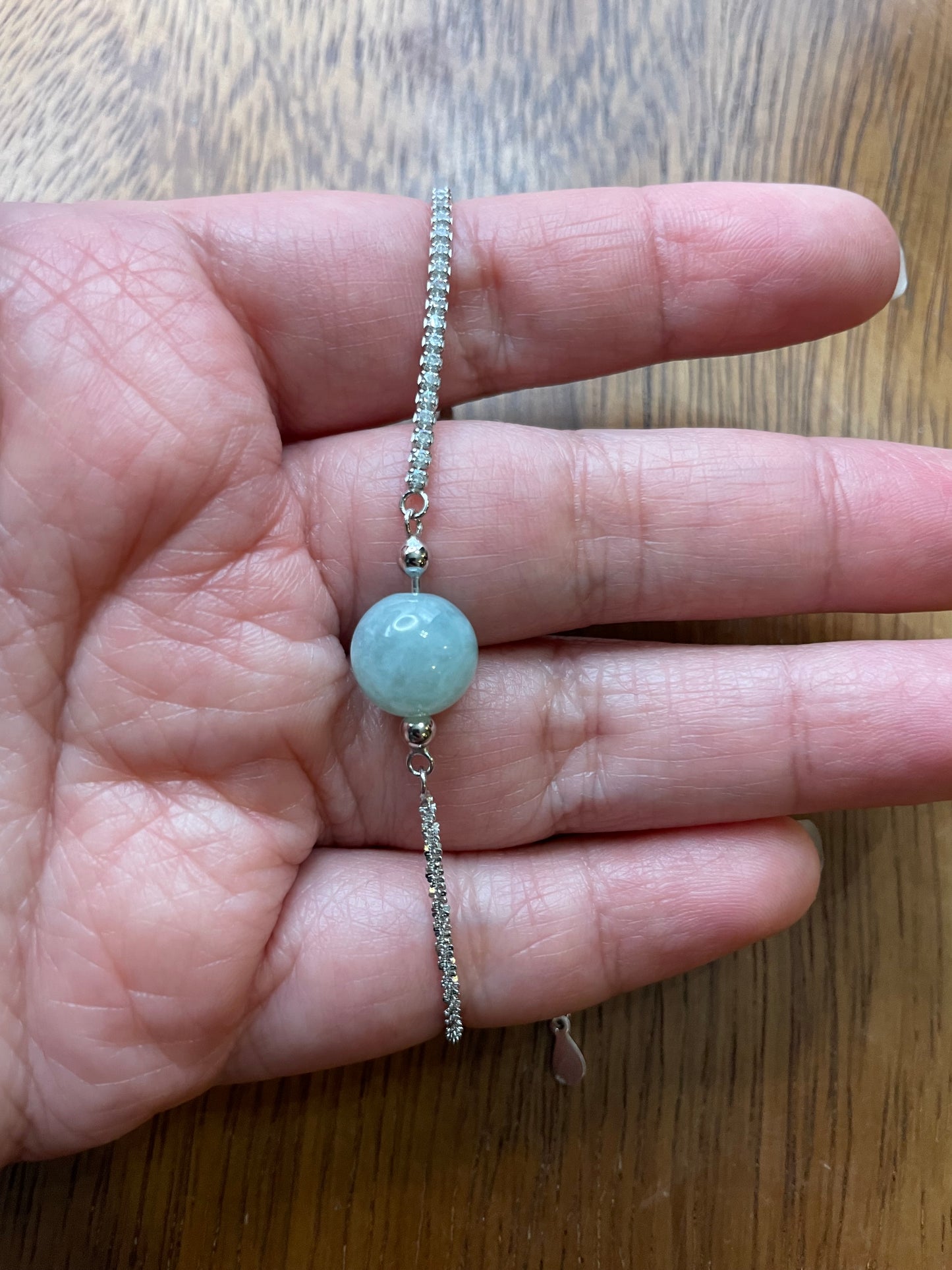 Grade A Natural Green bead Jadeite with cubic zircon silver bracelet