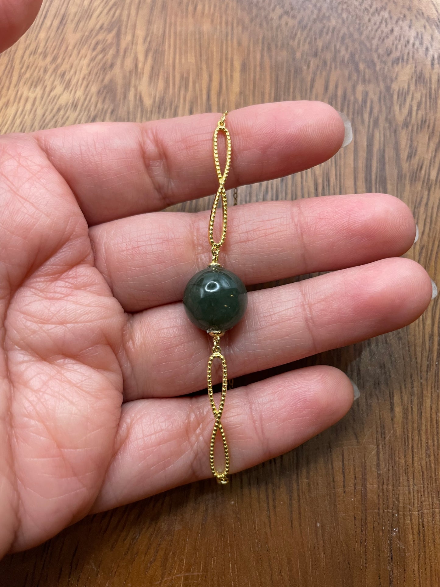 Grade A Natural dark Green bead Jadeite with Gold overlay silver bracelet