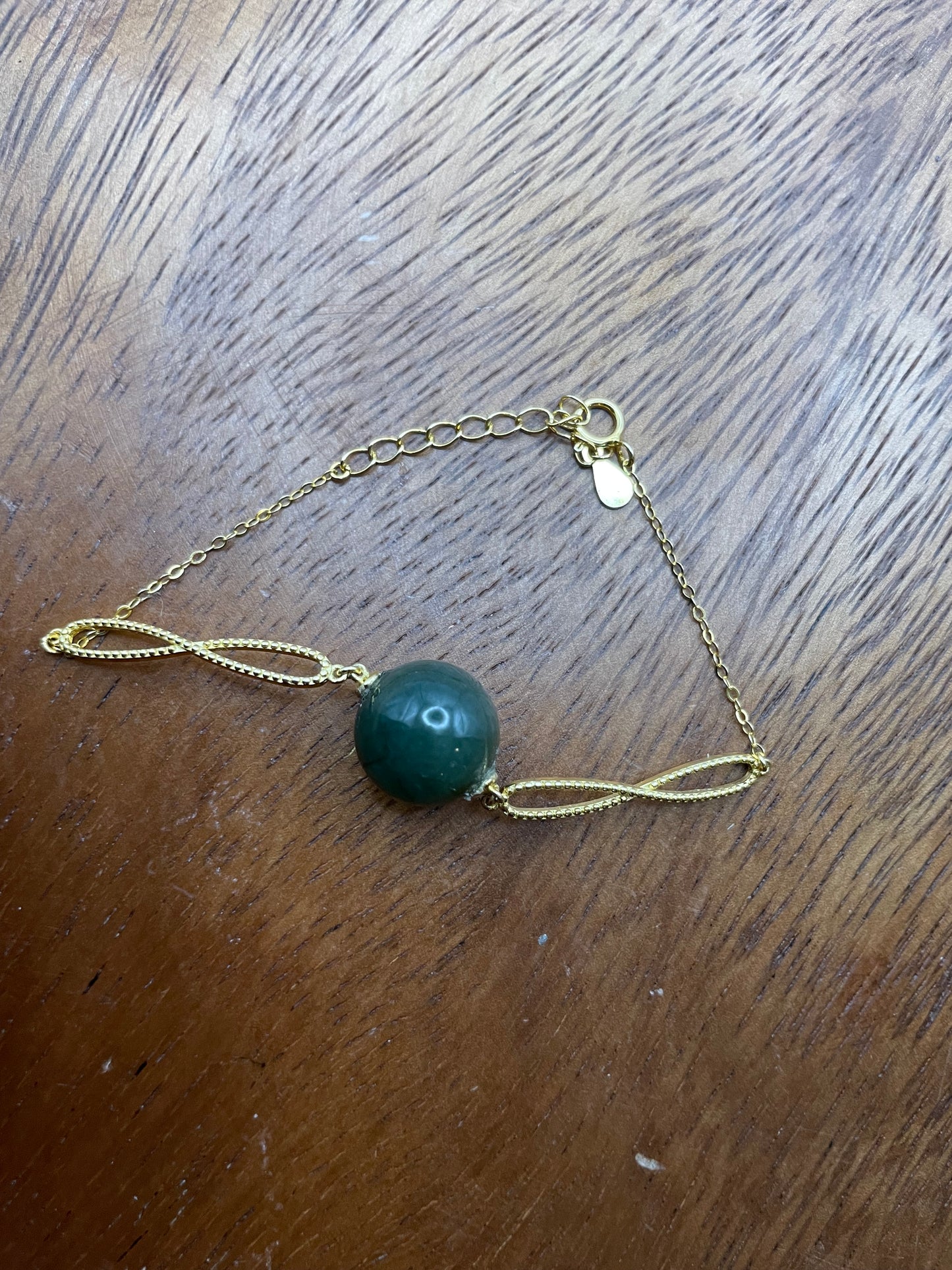 Grade A Natural dark Green bead Jadeite with Gold overlay silver bracelet