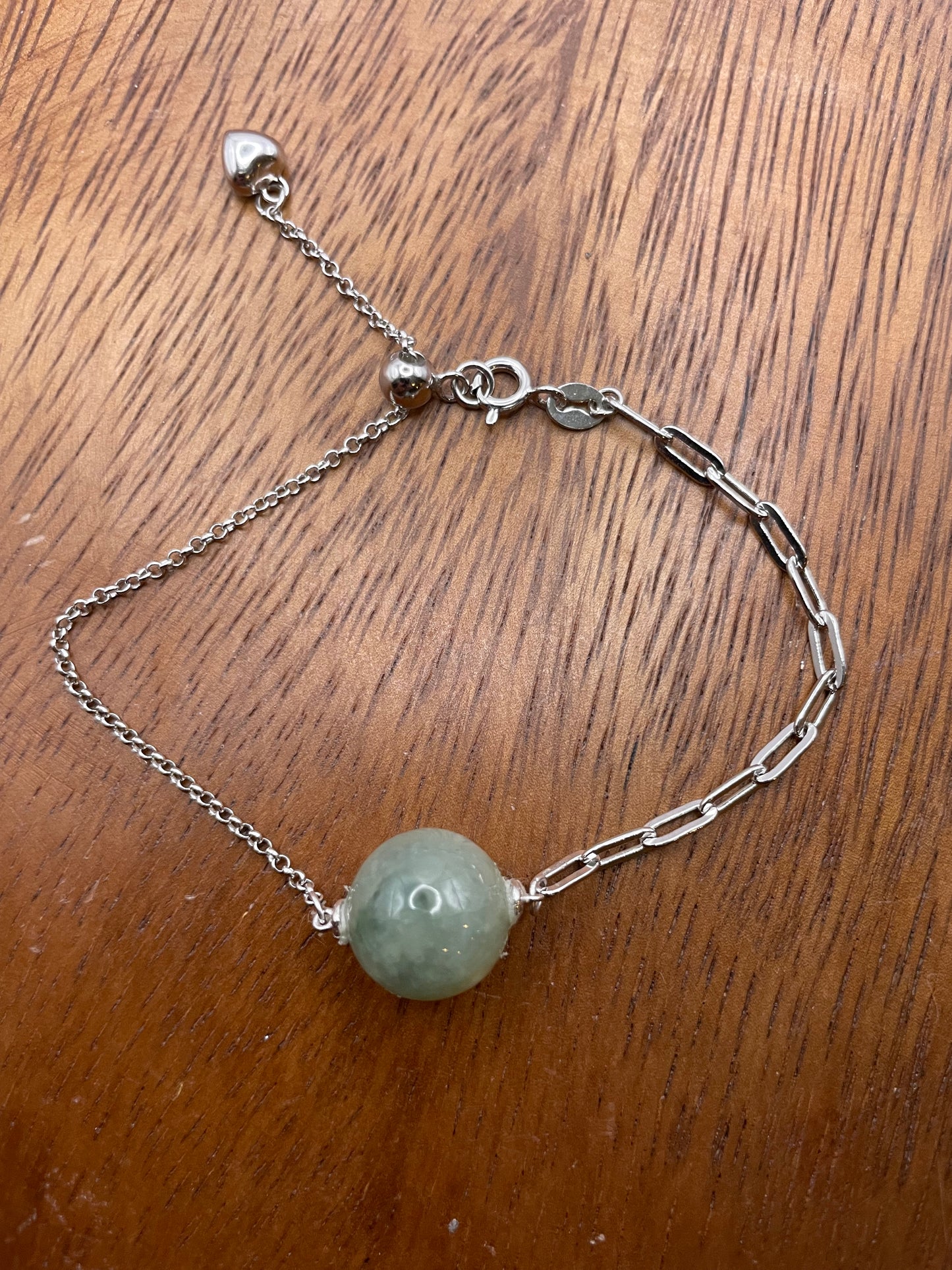 Grade A Natural Green bead Jadeite with  silver bracelet