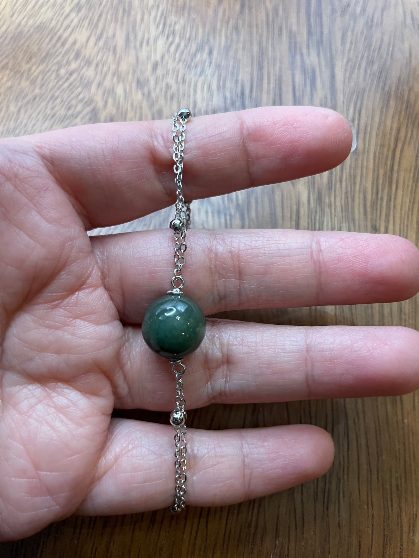 Grade A Natural dark Green bead Jadeite with  silver bracelet