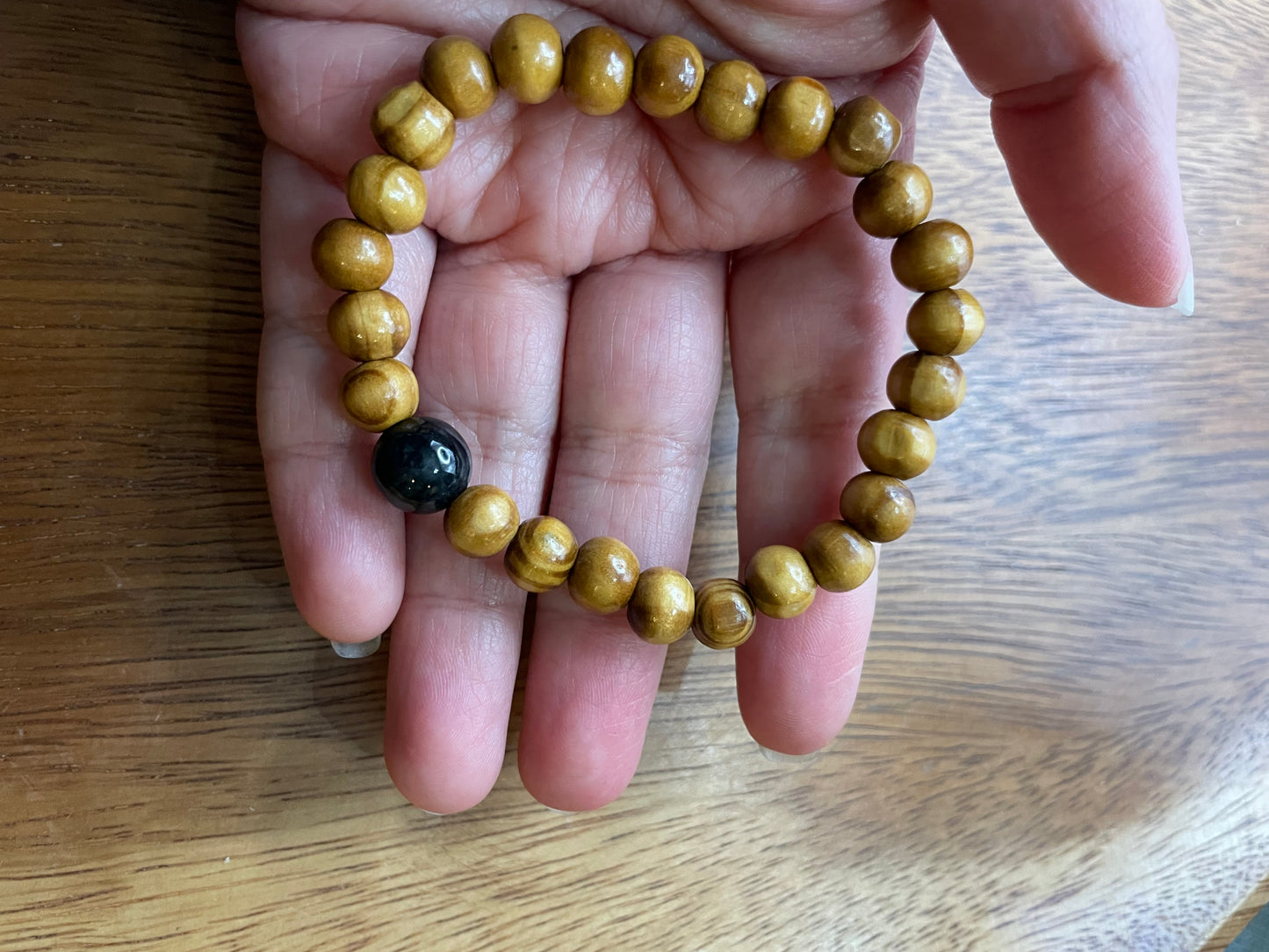 Grade A Natural Black bead Burma Jadeite bead with wood beads elastic Bracelet